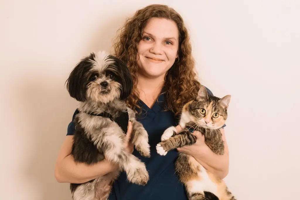 Veterinary staff holds a dog and a cat at Tazewell Pike Animal Clinic.